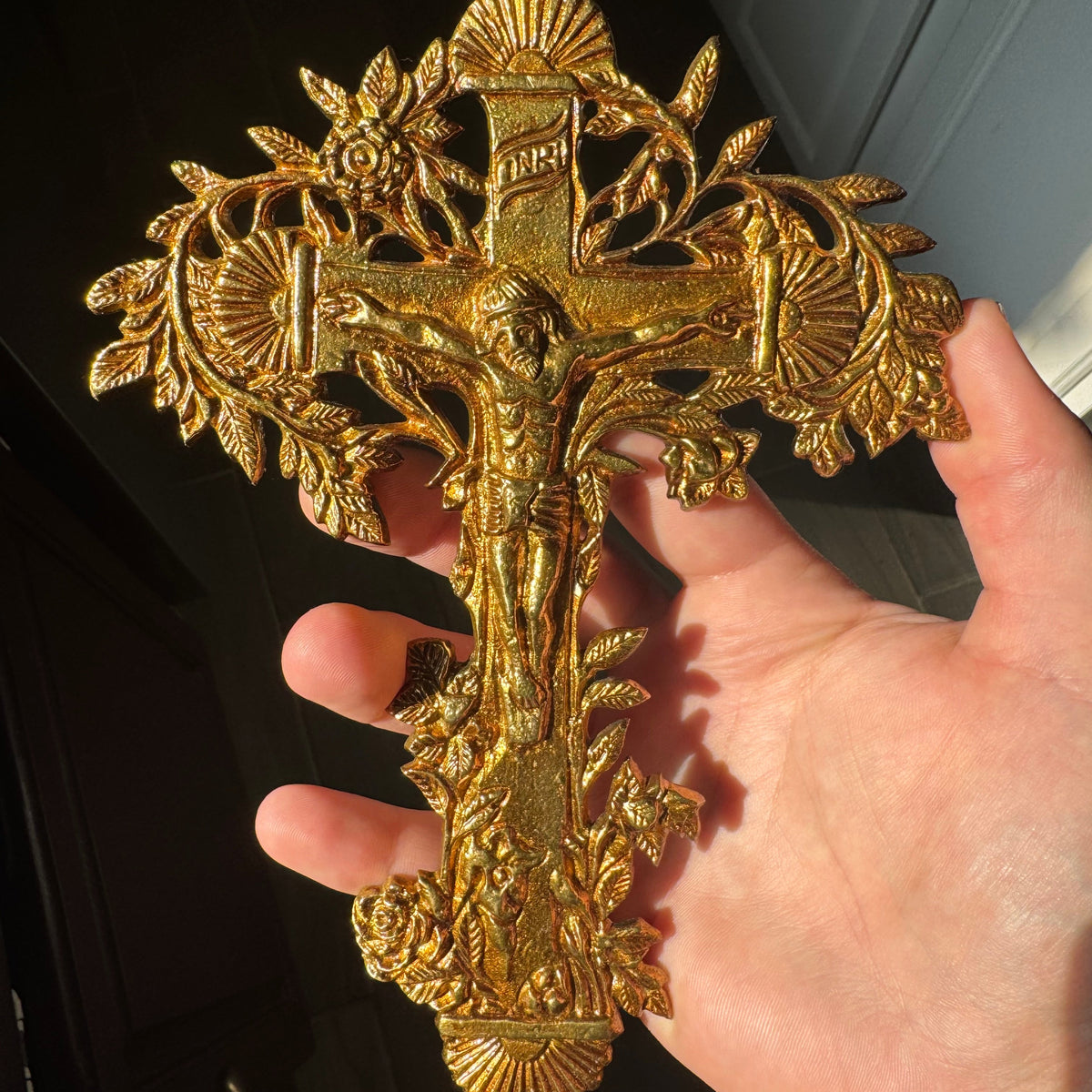 100% brass gold antique brass Catholic crucifix with intricate floral designs