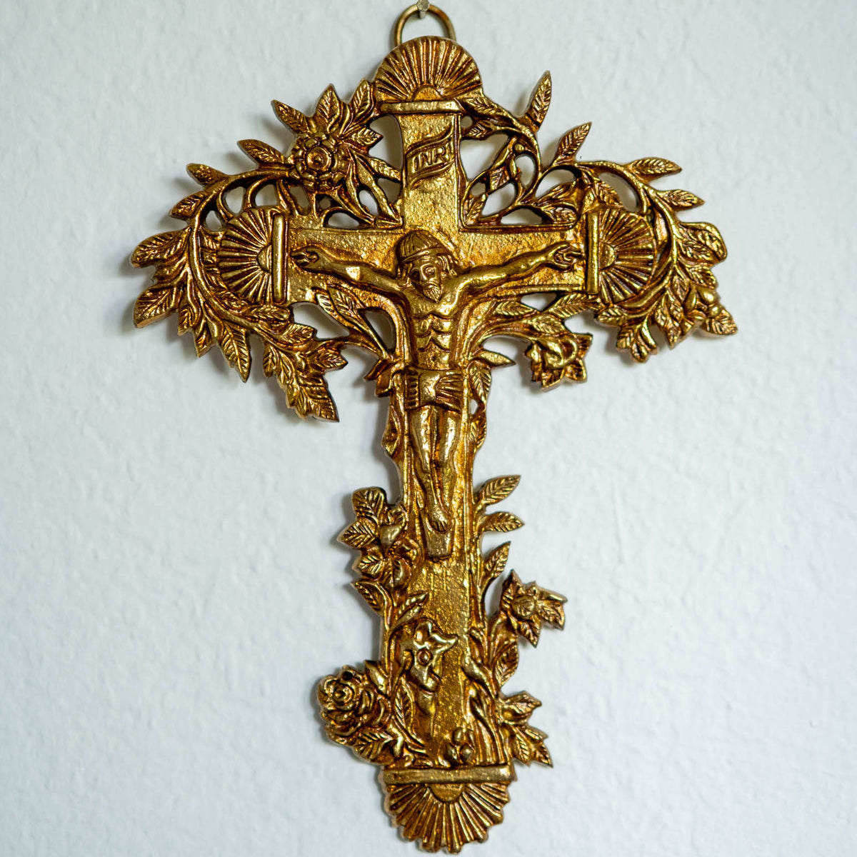 100% brass gold antique brass Catholic crucifix with intricate floral designs