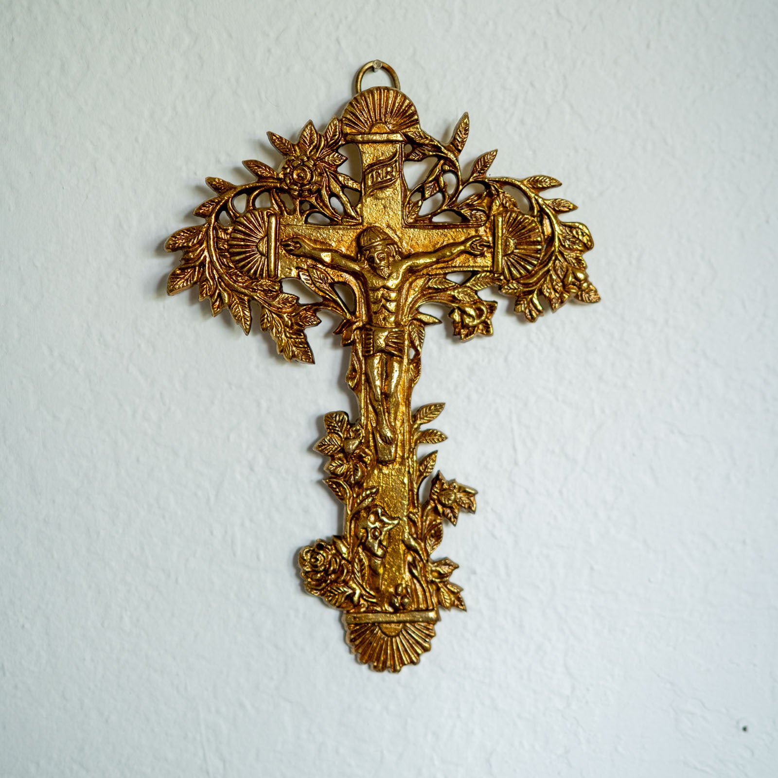 100% brass gold antique brass Catholic crucifix with intricate floral designs