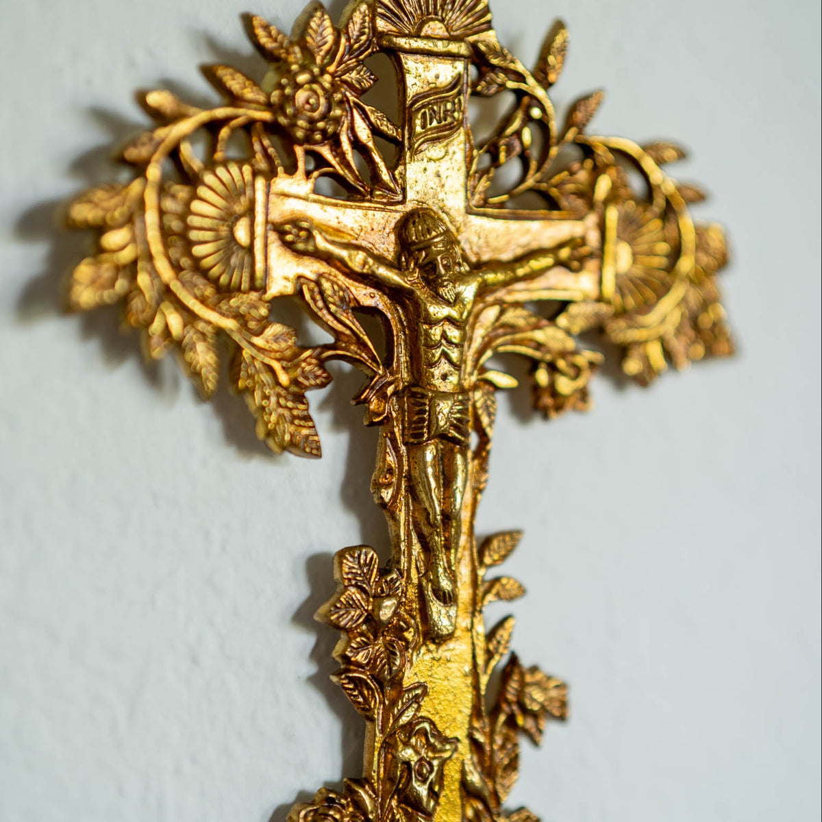 100% brass gold antique brass Catholic crucifix with intricate floral designs